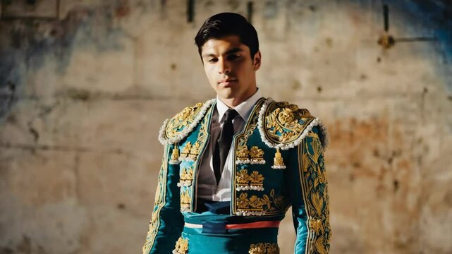 Intense young man in embroidered torero costume stands confidently with an ancient stone background, looking at the viewer.