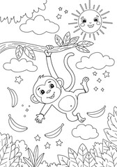 Cute Monkey Coloring Page for Kids &ndash; Jungle Scene with Bananas and Sun Printable