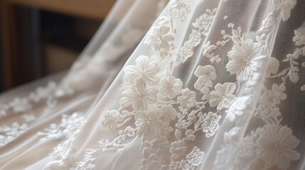 Detailed close-up of floral lace fabric draping indoors