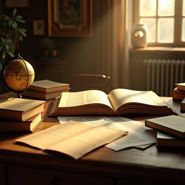books academic papers desk workspace study literature reading learning knowledge insights research, documents, notebook, pen, stationery, shelf, library