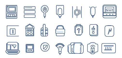 Collection of 20 blue line-art icons representing technology, security, finance, and everyday objects, including cassette tape, magnifying glass, padlock, smartwatch, png transparent background.