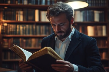 Man reading a book in a cozy vintage library
