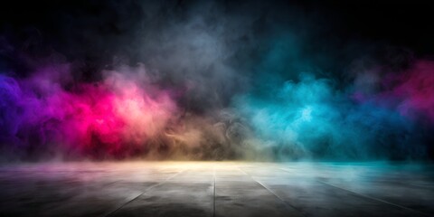 Naklejka premium Abstract image of dark room concrete floor. Black room or stage background for product placement.Panoramic view of the abstract colorful fog. Colorful cloudiness, mist or smog moves on black