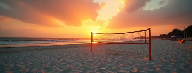 Beach Volleyball Net at Sunset - Empty Court. Ideal for travel websites, sports equipment advertisements, vacation resort graphics, summer activity promotions