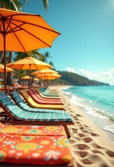 bright beach essentials colorful sun loungers towels umbrellas fun summer vibes sunbathing relaxation cool refreshing atmosphere, sand, vacation, coastal