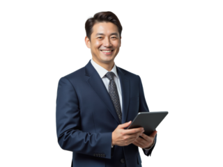 Business portrait isolated on white transparent background: A smiling Asian man in a dark suit and tie confidently holds a tablet while looking directly at the viewer.