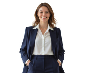 Business portrait isolated on white transparent background: A confident woman in a navy suit and white shirt smiles directly at the camera, exuding professionalism and poise against a clean white ba