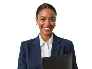 Business portrait isolated on white transparent background: A smiling Black woman in a navy blazer and white shirt confidently holds a laptop, exuding professionalism and poise.
