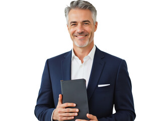 Business portrait isolated on white transparent background: A confident, mature man with graying hair smiles directly at the camera while holding a tablet and wearing a navy suit with a white shirt.