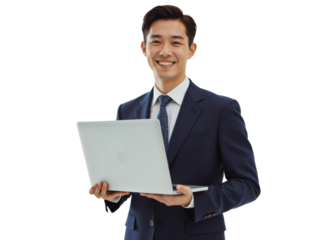 Business portrait isolated on white transparent background: A smiling Asian man in a dark suit and tie confidently holds a laptop while standing against a white background.