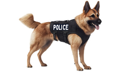A german shepherd dog wearing a police vest standing with a black background and tongue sticking out side