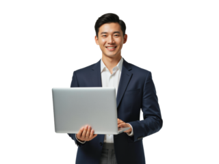 Business portrait isolated on white transparent background: A smiling Asian man in a navy suit and white shirt confidently holds a laptop while looking directly at the viewer against a white backgro
