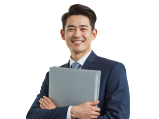 Business portrait isolated on white transparent background: A smiling Asian man in a navy suit and tie confidently holds a gray folder while looking directly at the camera.