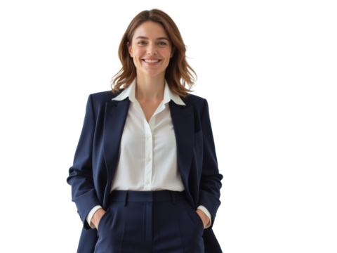 Business portrait isolated on white transparent background: A confident woman in a navy suit and white shirt smiles directly at the camera, exuding professionalism and poise against a clean white ba