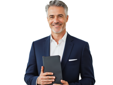 Business portrait isolated on white transparent background: A confident, mature man with graying hair smiles directly at the camera while holding a tablet and wearing a navy suit with a white shirt.