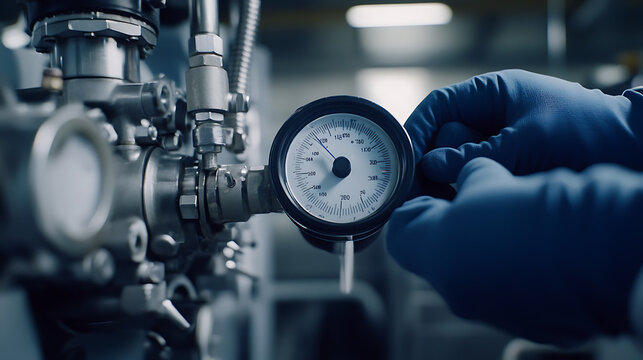 Gas processing plant engineer calibrating compressor unit. Featuring expertise and system maintenance