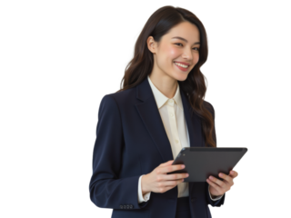 Business portrait isolated on white transparent background: A smiling Asian woman in a navy blazer and white shirt confidently holds a tablet while looking towards the side, exuding professionalism 