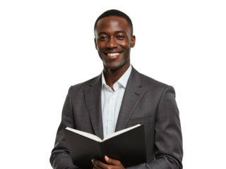Business portrait isolated on white transparent background: A confident young Black man smiles warmly while holding an open notebook against a clean white background.
