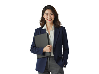 Business portrait isolated on white transparent background: A smiling Asian woman in a navy blazer and white shirt confidently holds a black portfolio against a plain white background.