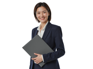 Business portrait isolated on white transparent background: A smiling Asian woman in a navy blazer and white shirt confidently holds a dark gray portfolio against a plain white background.