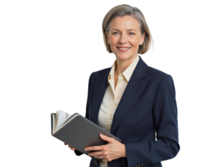 Business portrait isolated on white transparent background: A confident woman with gray hair, dressed in a navy blazer and cream blouse, smiles warmly while holding a gray folder against a neutral b