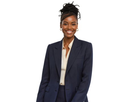 Business portrait isolated on white transparent background: A confident Black woman in a pinstripe blazer and cream blouse smiles directly at the camera, exuding professionalism and poise against a 