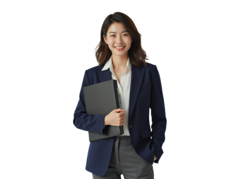 Business portrait isolated on white transparent background: A smiling Asian woman in a navy blazer and white shirt confidently holds a black portfolio against a plain white background.