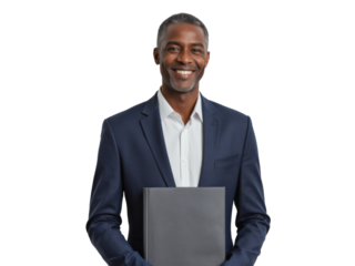 Business portrait isolated on white transparent background: A confident Black man in a navy suit smiles warmly while holding a laptop against a plain white background.