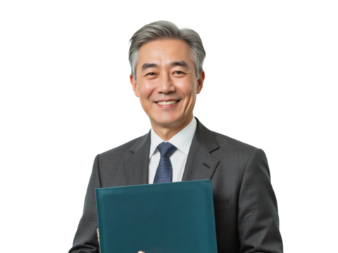Business portrait isolated on white transparent background: A confident Asian man in a suit and tie smiles warmly while holding a dark green folder.