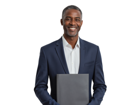 Business portrait isolated on white transparent background: A confident Black man in a navy suit smiles warmly while holding a laptop against a plain white background.