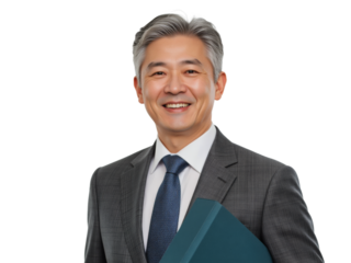 Business portrait isolated on white transparent background: A smiling Asian man in a gray suit and blue tie confidently holds a teal folder, exuding professionalism and success.