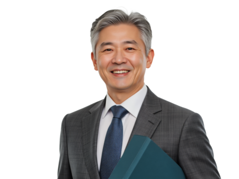 Business portrait isolated on white transparent background: A smiling Asian man in a gray suit and blue tie confidently holds a teal folder, exuding professionalism and success.
