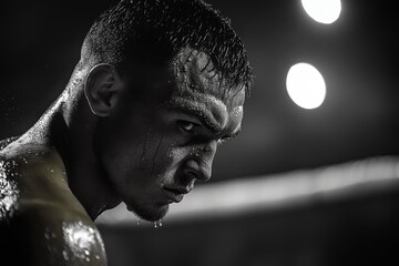 Closeup of sweaty male boxer in dark gym with spotlight