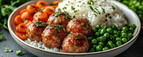 Delicious homemade meal with rice, meatballs, carrots, and peas served elegantly