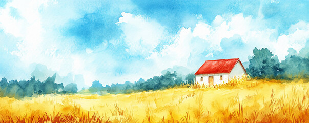 Watercolor countryside house among idyllic fields under a bright sky