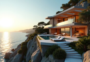 Fototapeta premium elegant luxury beach house stunning ocean views relaxation retreat architecture sunlight coastal design, sunset, deck, pool, patio, interior, furniture