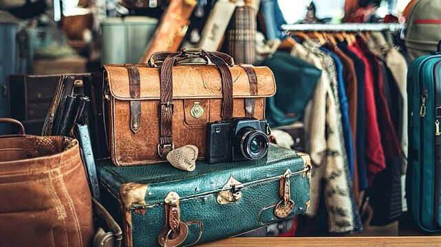 Vintage camera and leather bags on display in a bustling thrift shop filled with clothing