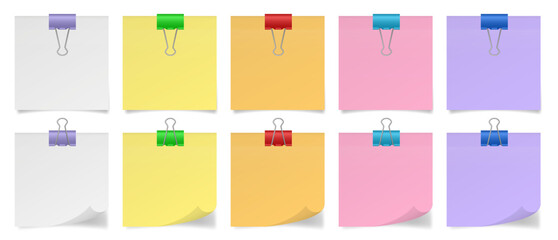 Set of multicolored paper notes with binder clips. White, yellow, orange, pink and purple sheets of paper. Purple, green, red and blue metal holders
