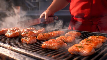 A chef in a red apron expertly grills salmon fillets, creating a mouthwatering and smoky scene at a bustling outdoor kitchen.