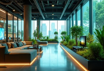 innovative workspace design blending virtual physical elements futuristic technology greenery open concept collaborative environment, invention