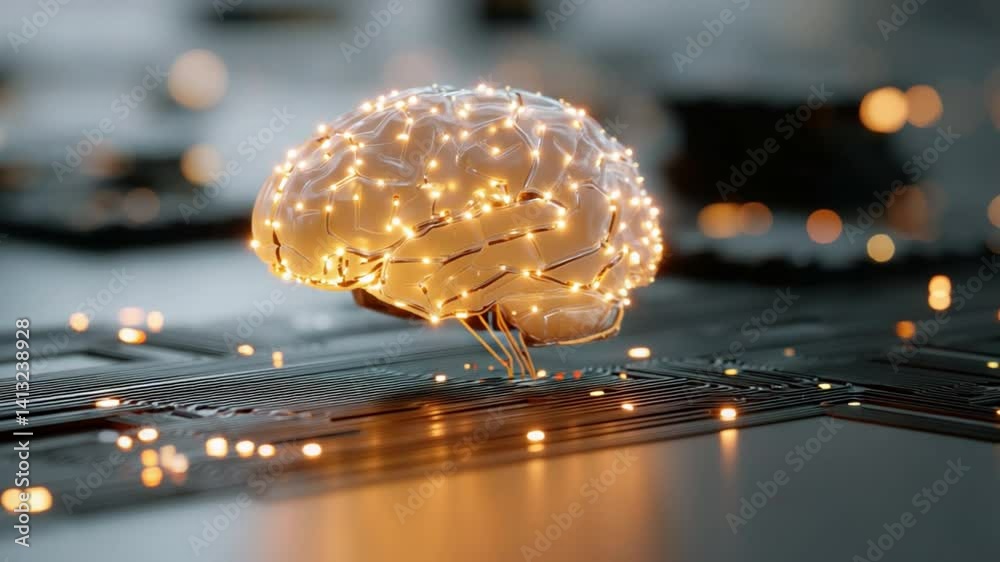 Poster a smart ai brain with connected circuit paths glowing gently over a layered technology background