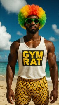 Muscular Black man in rainbow clown afro wig and &lsquo;GYM RAT&rsquo; tank posing on sunny tropical beach, humorous fitness vacation concept