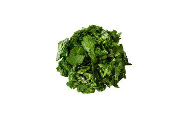 A top down view of a pile of chopped cilantro, against a white background. © DAVID