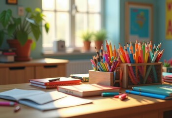 colorful school supplies arrangement desktop backdrop stationery art inspiration classroom essentials, paper, pencil, pen, marker, notebook, ruler
