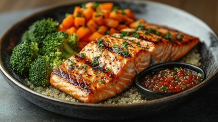 Grilled salmon fillet with broccoli, sweet potato, quinoa, and caviar sauce in a dark bowl, showcasing a healthy and balanced meal