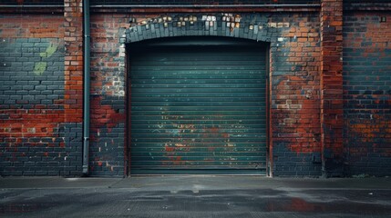 Urban Setting Features a Green Metallic Roll-Up Garage Door Against a Dark Brick Wall With Polished Concrete Floor