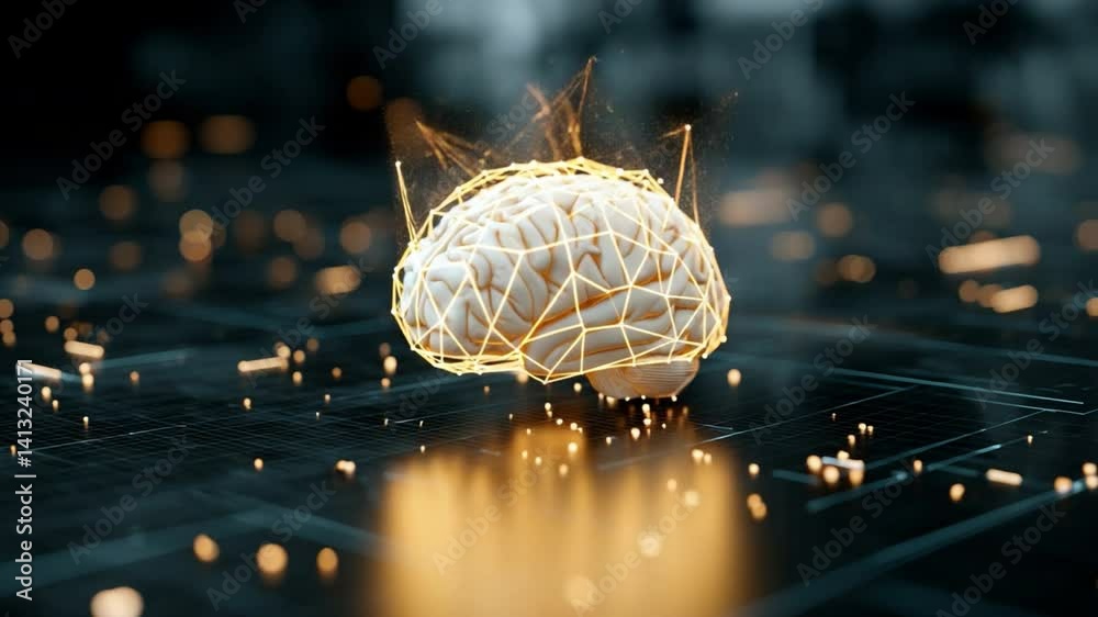 Poster a smart ai brain with connected circuit paths glowing gently over a layered technology background