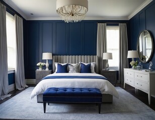 Elegant bedroom featuring navy blue walls and a chic, modern design with luxurious bedding.