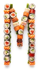 Obraz premium Alphabet.letter M made of sushi, rolls on white background isolated. 