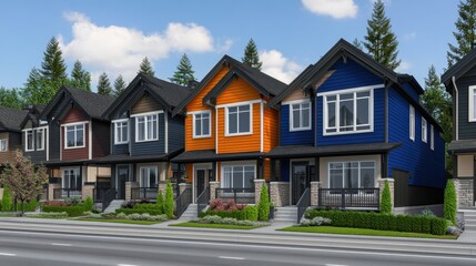Modern Residential Neighborhood with Colorful Houses and Greenery
